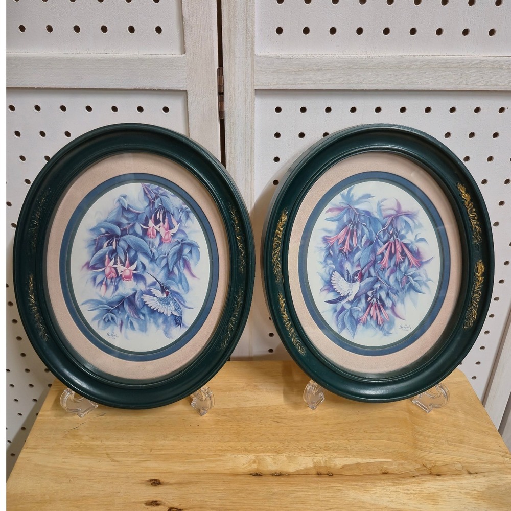 Vintage 1994 Ron Kent Hummingbird Prints Set of 2 Oval Green Gold Ornate Frames